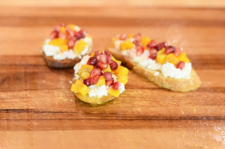 Pomegranate, Butternut Squash, Lemon Ricotta Crostini | Land of Laurel
